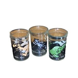 Welch's Dinosaur Series Jelly Glasses 2 & 1 Tom & Jerry Jelly Glass Vintage 4”